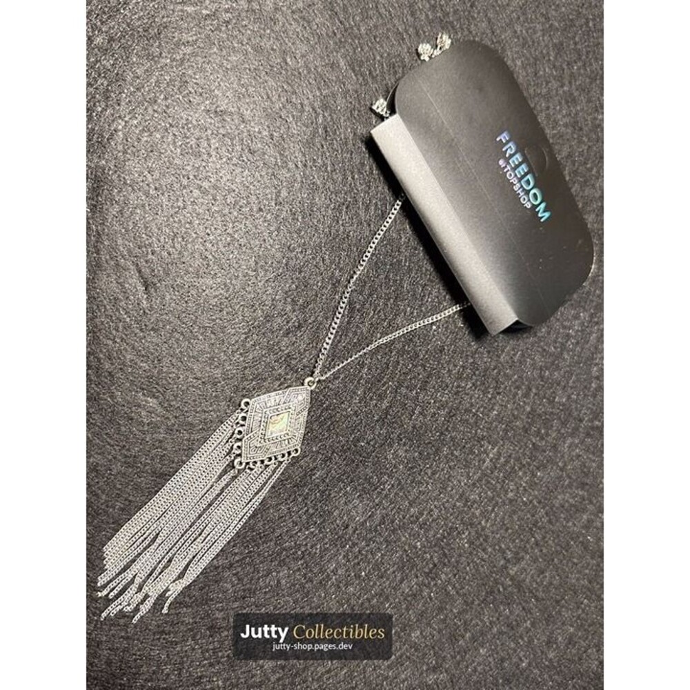 topshop turquoise pendant fringe tassel necklace boho statement silver tone nwt